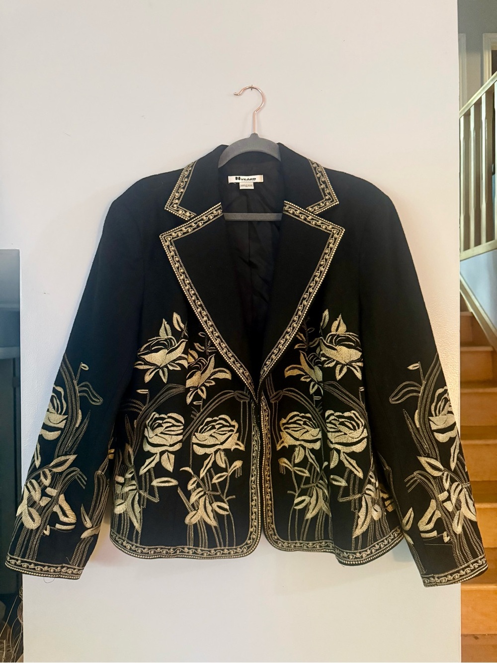 Vintage 90s Size XL Nygard Black/Gold Embroidered Rose Blazer Jacket